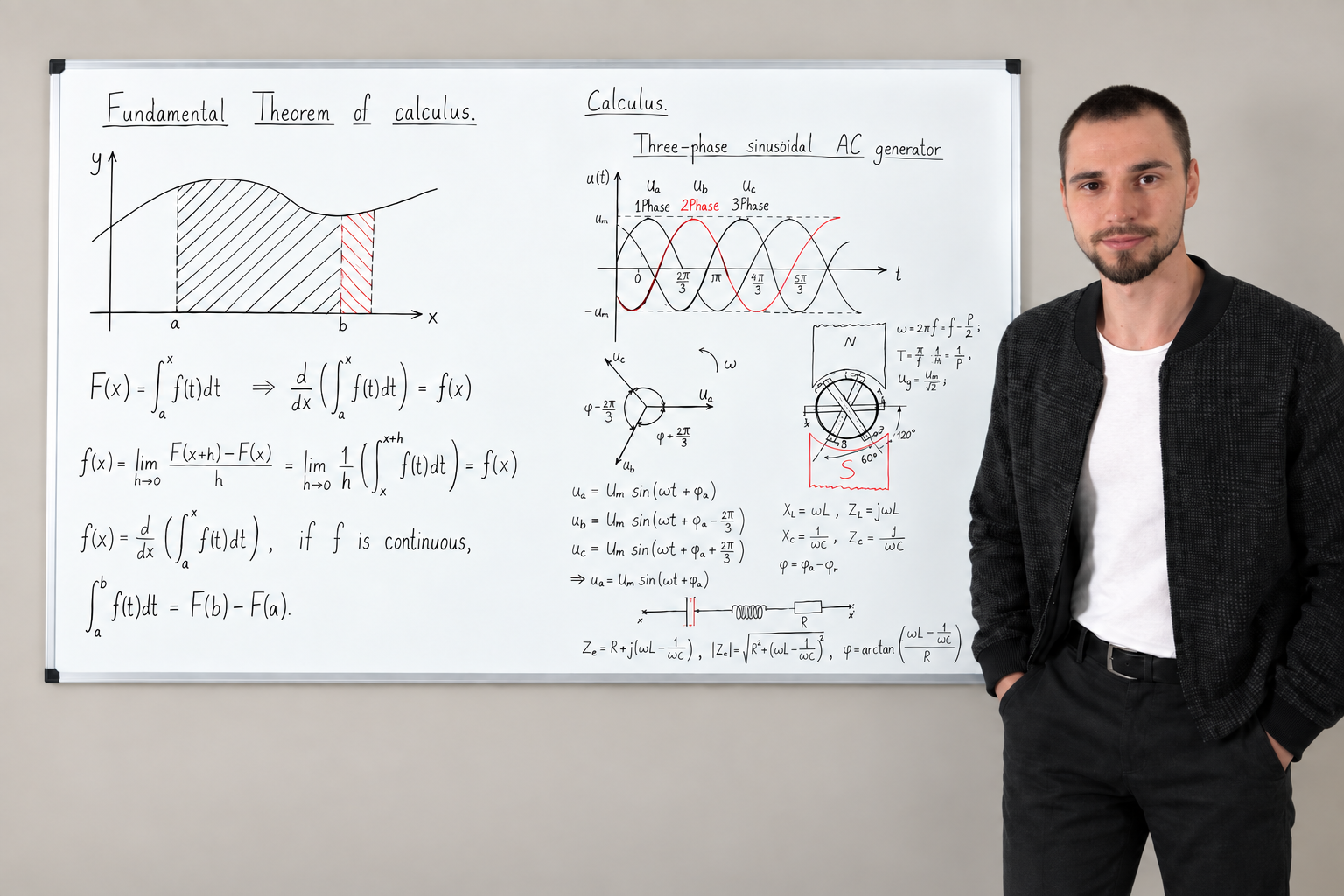 Tutor Vladyslav Orlianskyi standing beside a whiteboard with mathematics and electrical engineering notes